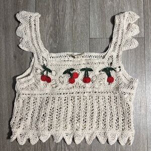 Rebellion Cream Crochet Top with Red Cherry Appliqués